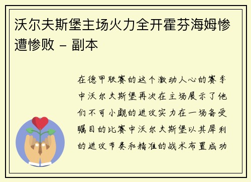 沃尔夫斯堡主场火力全开霍芬海姆惨遭惨败 - 副本